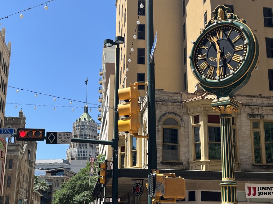Restored Hertzberg Clock at North St. Mary's and Houston streets in downtown San Antonio.
